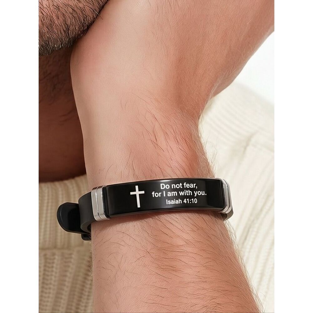 Men’s Bible Verse Bracelet Isaiah 41:10 Cross Black Silicone Christian Reminder